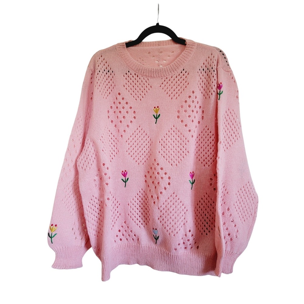 Shenhe‎ 3X Open Knit Sweater Pink LS Embroidered Flowers High Collar NOS